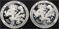 (2) 1 OZ .999 SILVER YEAR OF THE DRAGON ROUNDS