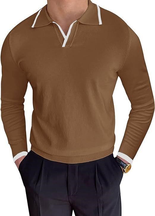 Polo Sweater Long Sleeve  V-Neck Casual Striped