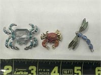 Crab & Dragonfly Brooches