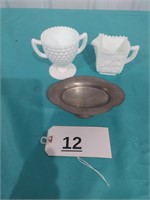 Milk Glass and Metal Soap Dish