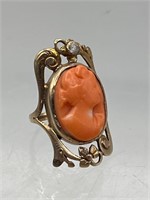 Antique 10k gold coral and sapphire cameo ring