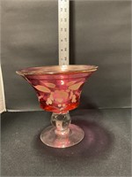 Hand painted/cranberry glass footed bowl