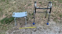 Walker, shower stool, aluminum crutches