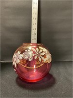 Hand painted cranberry glass globe vase