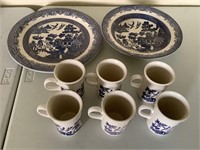 Blue and white platter bowls and 6 cups