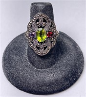 Sterling Peridot/Amethyst/Garnet/Marcasite Ring