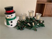 Snowman cookie jar  holly candleholder arrangement