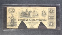 Staunton $10 Banknote 1859 Central Bank of Virgini