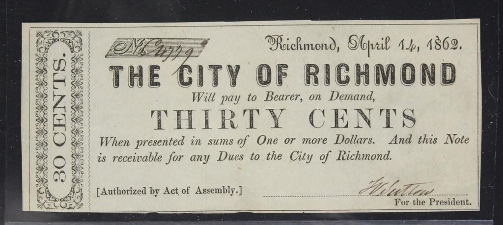US Paper Money City of Richmond 30 Cent note, 1862