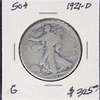 US Coins 1921-D Walking Liberty Half Dollar, circu