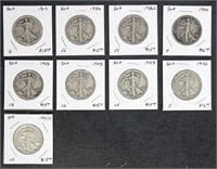 US Silver Coins 9 Walking Liberty Half Dollars $0.