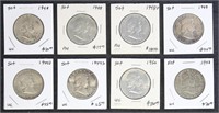 US Silver Coins 8 Franklin Half Dollars $0.50, cir