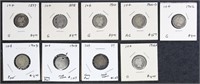 US Silver Coins 9 Barber Dimes $0.10, circulated i