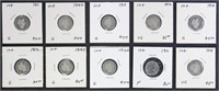 US Silver Coins 10 Barber Dimes $0.10, circulated