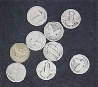 US Silver Coins 9 Quarters (2 Barber & 7 Walking L