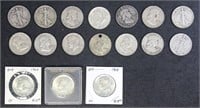 US Silver Coins 17 Half Dollars, including Walking