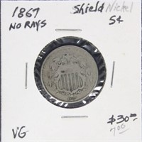 US Coin 1867 Shield Nickel without Rays variety $0