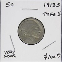 US Coin 1913-S Type 2 Buffalo Nickel $0.05, circul