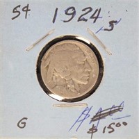 US Coin 1924-S Buffalo Nickel $0.05, circulated in