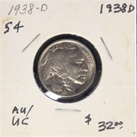 US Coin 1938-D Buffalo Nickel $0.05, circulated in