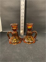 Set of Amber glass candle holder with handle