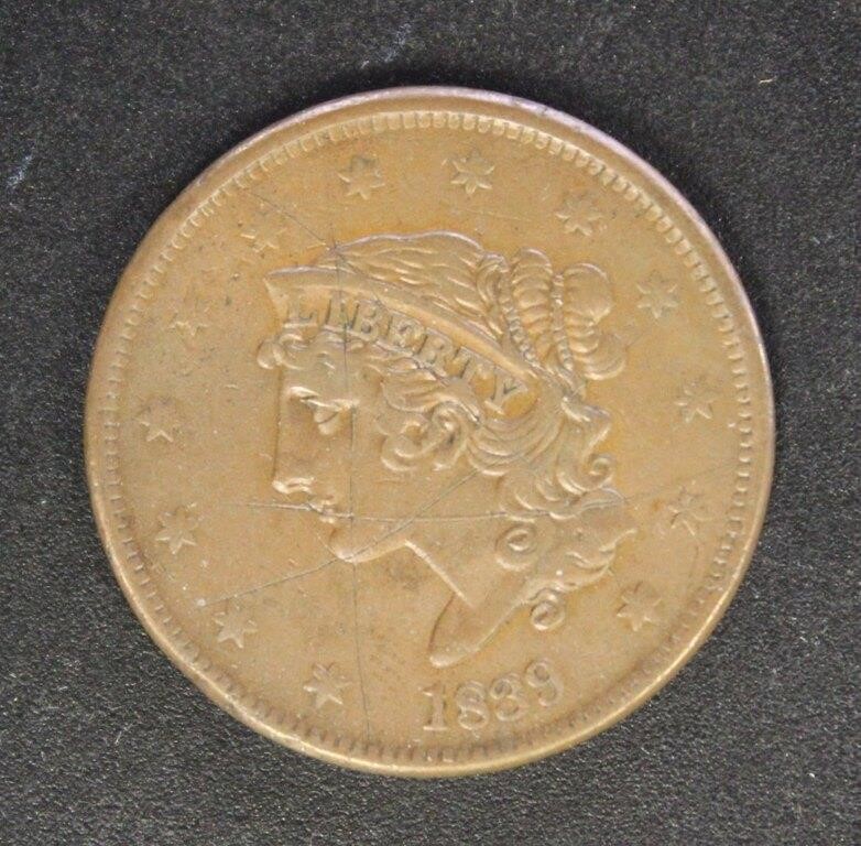 US Coins 1839 Coronet Head Large Cent, XF Detail,