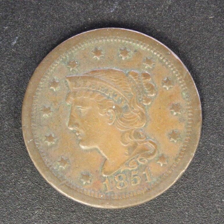 US Coins 1851 Large Cent, XF circulated