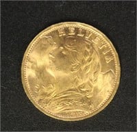 Switzerland Coins 1935 20 Francs Gold Coin, Uncirc