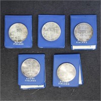 Finland 5 Silver Coins in original holders, 1967 &