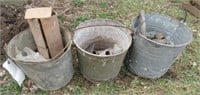 (3) Galvanized metal buckets with various