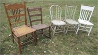 (5) Antique and primitive wood chairs.