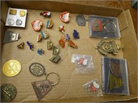 Flat of pins, tokens, and charms - sports and othe