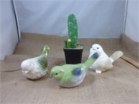 Faux Cactus Plant/3 Ceramic Birds