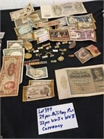 46pc lot MILITARY pins & WW1 / WW2 era currency