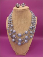 Triple Strand Blue Bead Necklace & Matching,
