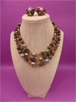 Triple Strand Beaded Necklace & Matching Earrings