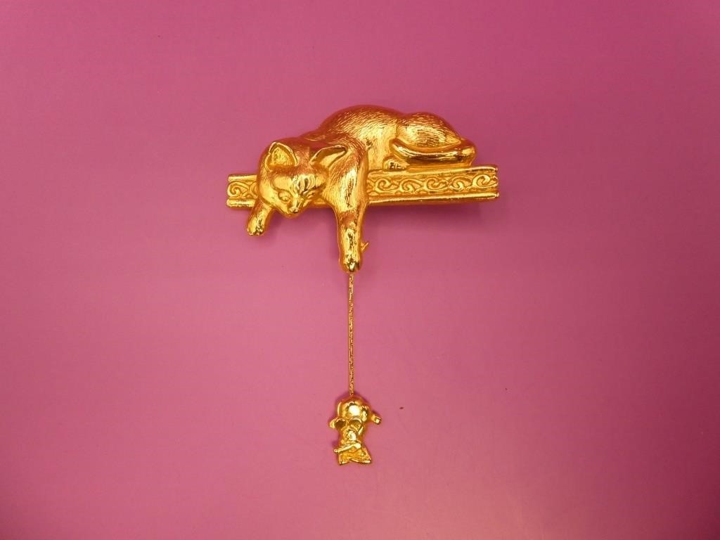 Gold Plated 2.25" Cat Brooch