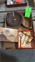Vintage bamboo bar tool set, wood bowls, wood