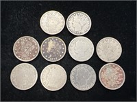 Lot of 10 Liberty "V" Nickels