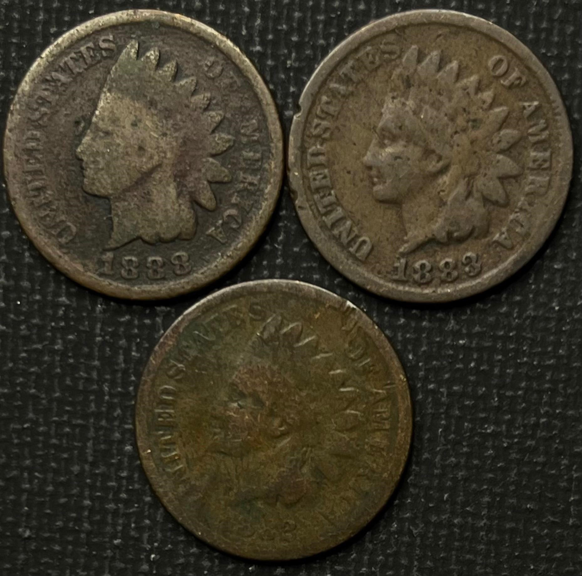 1882, 1883, 1883 Indian Head Cents