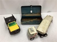 Metal Tackle Box and 2 Metal Toy Trucks (1 Tonka)