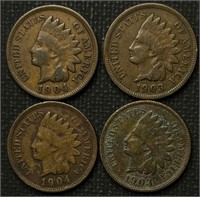1903, 1903, 1904, 1904  Indian Head Cents