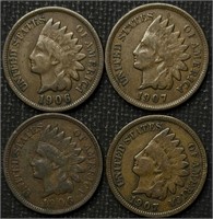 1906, 1906, 1907, 1907 Indian Head Cents