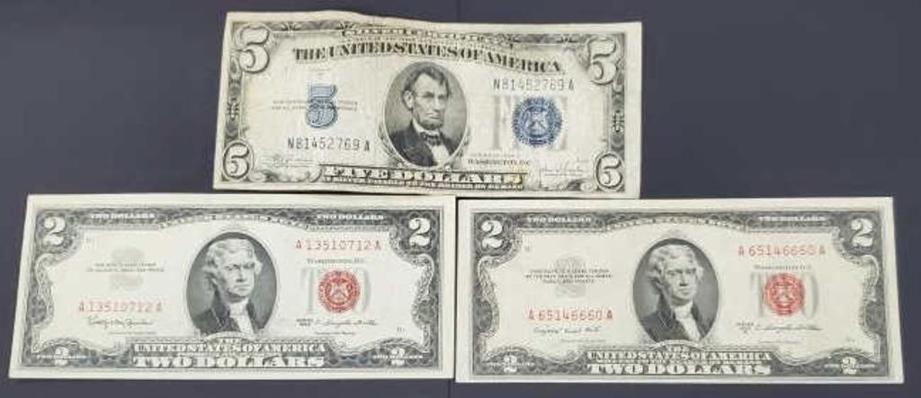 $5 Silver Certificate Dollar & (2) $2 Red Seals
