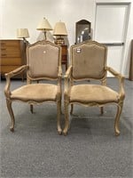 Pair of tan upholstered French Bergere armchairs