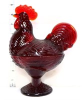 Red glass rooster candy dish