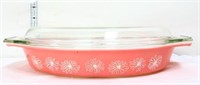 Vintage Pyrex pink daisy divided 1.5qt dish w/ lid