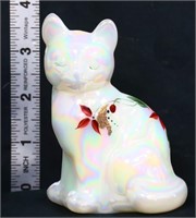 Fenton white iridescent cat w/ red flowers