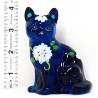Fenton dark blue cat w/ white flowers
