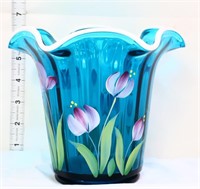 Fenton 2003 blue vase w/ purple flowers